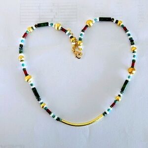 Necklace with Gold Plated Center Piece,Turquoise,Bamboo Coral,Gold Plated Beads